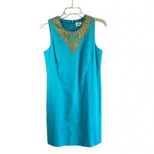 ELIZA J Linen Blend Turquoise Shift Dress Lined Gold Collar Applique Size 4